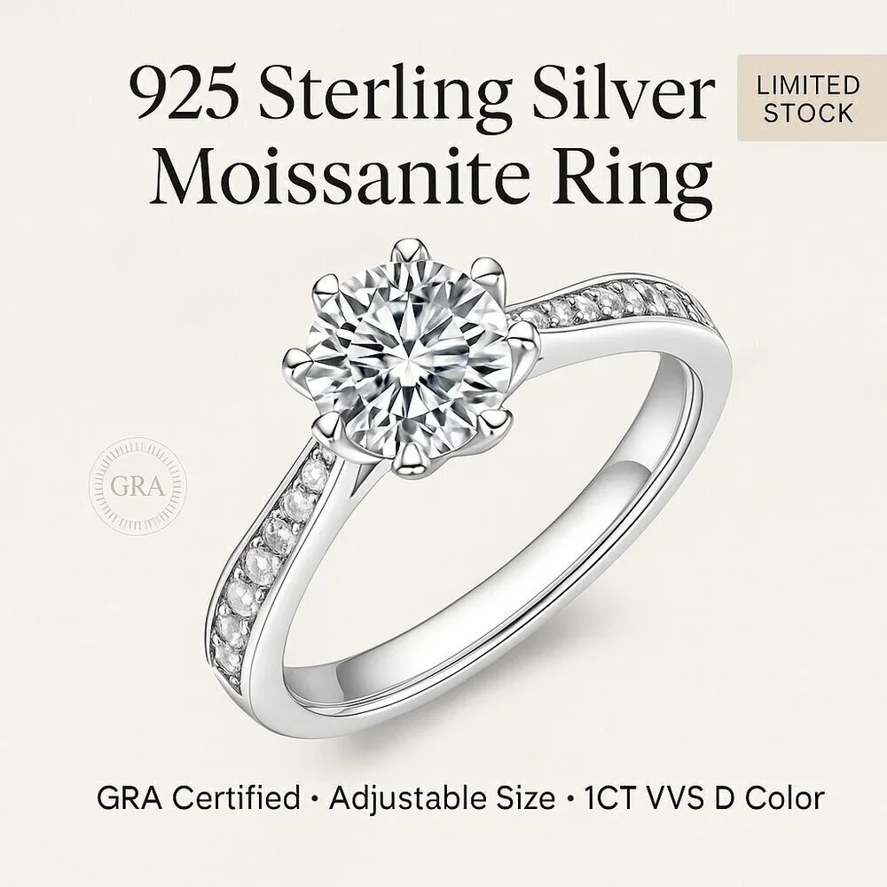 Moissanite Ring 1 CT 925 Sterling Silver Adjustable - Picture 1 of 8
